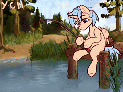 Size: 1440x1078 | Tagged: safe, artist:kotya, artist:toanderic, derpibooru import, advertisement, animated, collaboration, commission, fishing, fishing rod, forest, forest background, image, pier, pond, solo, tree, webm, ych advertisement, ych example, your character here