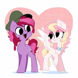 Size: 2048x2048 | Tagged: safe, derpibooru import, oc, oc:jelly, oc:ninny, unofficial characters only, earth pony, pegasus, pony, bowtie, colt, couple, female, freckles, hat, heterochromia, image, jpeg, looking at each other, male, mare, simple background