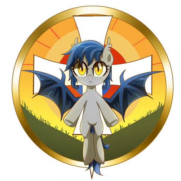 Size: 2000x2000 | Tagged: safe, artist:ce2438, derpibooru import, oc, oc:moorish delight, oc:yinglongfujun, bat pony, deity, pony, aragon, blue mane, cross, domain:balance, female, gold, golden eyes, gray coat, image, mare, original cross, png, solo, spain, spread wings, wings