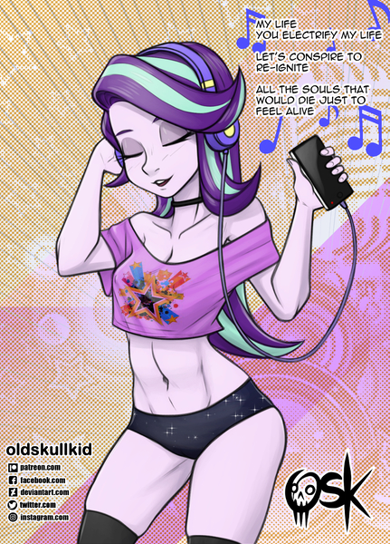 Size: 1077x1500 | Tagged: suggestive, artist:oldskullkid, derpibooru import, starlight glimmer, equestria girls, abs, adorasexy, bare shoulders, belly button, breasts, cleavage, clothes, cute, erect nipples, eyes closed, headphones, image, jpeg, music, nipple outline, open mouth, sexy, short shirt