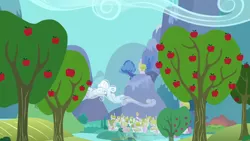 Size: 1280x720 | Tagged: safe, derpibooru import, screencap, the ticket master, apple, apple tree, background, food, image, mountain, no pony, png, ponyville, scenic ponyville, sweet apple acres, tree