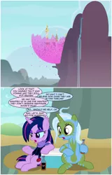 Size: 1941x3030 | Tagged: safe, artist:badumsquish, derpibooru import, trixie, twilight sparkle, twilight sparkle (alicorn), alicorn, bat pony, bat pony alicorn, changeling, pony, unicorn, a canterlot wedding, the cutie re-mark, alcohol, alternate cutie mark, alternate hairstyle, alternate timeline, apple, armor, bat ponified, bat wings, beer, canterlot, chrysalis resistance timeline, cliff, clone, clothes, cooler, cutie mark, defeat, derpibooru exclusive, dialogue, ear fluff, evil twilight, eyeshadow, face paint, fangs, female, folded wings, food, force field, horn, image, implied nightmare moon, leaning, makeup, mare, nightmare takeover timeline, png, race swap, raised hoof, relaxing, scar, scarf, show accurate, sitting, slit pupils, that pony sure does love burgers, time paradox, tribal, tribal markings, twibat, twilight burgkle, watching, wings
