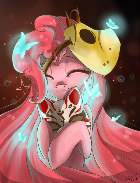 Size: 2280x2992 | Tagged: safe, artist:yuris, derpibooru import, applejack, fluttershy, pinkie pie, rainbow dash, rarity, twilight sparkle, earth pony, pony, cute, cuteamena, eyes closed, female, image, japan, japanese, long hair, mane six, masks, moon runes, moths, pinkamena diane pie, png, solo