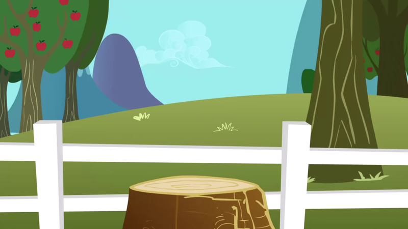 Size: 1280x720 | Tagged: safe, derpibooru import, screencap, season 1, the ticket master, apple, apple tree, background, fence, food, image, mountain, no pony, png, scenic ponyville, sweet apple acres, tree, tree stump