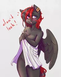 Size: 2012x2522 | Tagged: suggestive, artist:fukudka, derpibooru import, oc, oc:sharpe, unofficial characters only, anthro, pegasus, anthro oc, big breasts, blushing, breasts, cleavage, commission, covering, cute, embarrassed, embarrassed nude exposure, female, heterochromia, image, naked towel, nudity, open mouth, piercing, png, sexy, solo, solo female, talking to viewer, towel, ych result