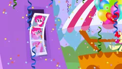 Size: 1280x720 | Tagged: safe, derpibooru import, screencap, pinkie pie, the ticket master, background, balloon, canterlot, confetti, image, imagine spot, no pony, photo, photo booth, png, scenic ponyville