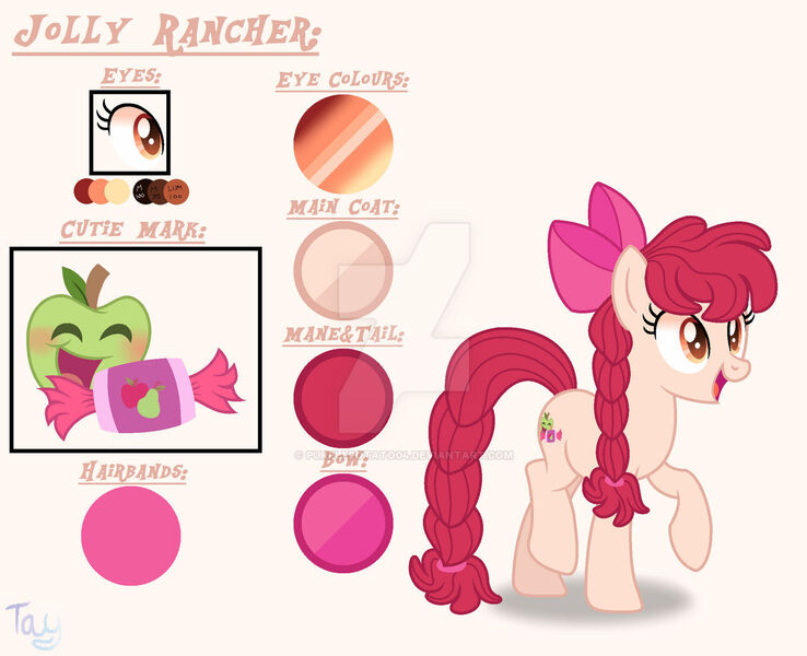 Size: 1280x1040 | Tagged: safe, artist:purplepotato04, derpibooru import, oc, oc:jolly rancher, earth pony, pony, deviantart watermark, female, image, jpeg, magical lesbian spawn, mare, obtrusive watermark, offspring, parent:apple bloom, parent:twist, parents:twistbloom, reference sheet, solo, watermark