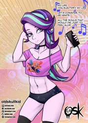 Size: 1077x1500 | Tagged: suggestive, alternate version, artist:oldskullkid, derpibooru import, starlight glimmer, equestria girls, abs, adorasexy, bare shoulders, belly button, breasts, cleavage, clothes, cute, erect nipples, headphones, image, jpeg, looking at you, lyrics, muse, music, nipple outline, sexy, short shirt, song reference, text