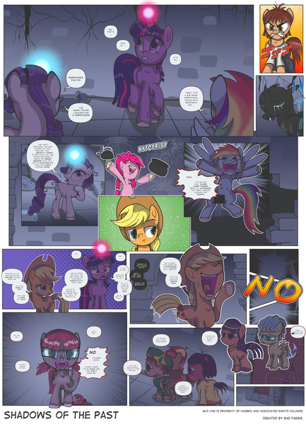 Size: 3000x4155 | Tagged: questionable, artist:perfectblue97, derpibooru import, applejack, pinkie pie, rainbow dash, rarity, twilight sparkle, oc, changeling, pegasus, pony, unicorn, comic:shadows of the past, angry, clothes, colt, comic, crotchboobs, eyes closed, female, filly, glowing horn, horn, image, male, nudity, png, speech bubble, unicorn twilight