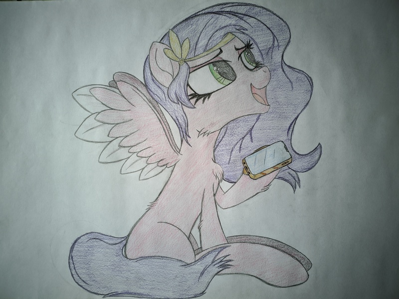 Size: 4032x3024 | Tagged: safe, artist:straighttothepointstudio, derpibooru import, edit, pipp petals, pegasus, pony, colored, female, g5, happy, image, jpeg, looking up, mare, mobile phone, phone, sitting, smartphone, solo