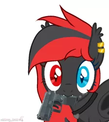 Size: 650x725 | Tagged: safe, artist:housston, derpibooru import, oc, oc:sharpe, unofficial characters only, bat pony, pony, bat pony oc, bat wings, commission, ear fluff, ear piercing, fangs, female, freckles, gun, handgun, heterochromia, image, looking at you, mare, mouth hold, piercing, pistol, png, solo, weapon, wings, ych result