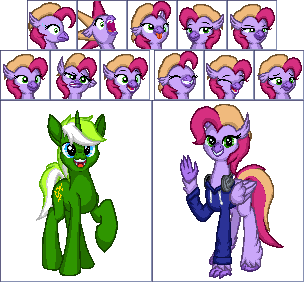 Size: 304x282 | Tagged: safe, artist:zeka10000, derpibooru import, oc, oc:circuit mane, oc:luminous wave, classical hippogriff, hippogriff, pony, unicorn, clothes, commission, confused, derp, emoji, emotions, eyes closed, female, grin, happy, headphones, hoodie, image, laughing, looking at you, male, pixel art, png, raised hoof, sad, scared, shocked, simple background, smiling, smirk, stallion, suspicious, tongue out, transparent background