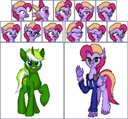 Size: 304x282 | Tagged: safe, artist:zeka10000, derpibooru import, oc, oc:circuit mane, oc:luminous wave, classical hippogriff, hippogriff, pony, unicorn, clothes, commission, confused, derp, emoji, emotions, eyes closed, female, grin, happy, headphones, hoodie, image, laughing, looking at you, male, pixel art, png, raised hoof, sad, scared, shocked, simple background, smiling, smirk, stallion, suspicious, tongue out, transparent background