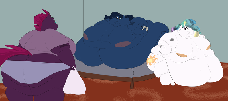 Size: 3212x1429 | Tagged: questionable, artist:lupin quill, derpibooru import, princess celestia, princess luna, tempest shadow, anthro, unguligrade anthro, gamer luna, areola, bbw, bed, belly, big belly, big breasts, bingo wings, blob, breasts, busty princess celestia, busty princess luna, busty tempest shadow, butt, chubby cheeks, chubbylestia, clothes, controller, dock, fat, fat fetish, feedee, female, females only, fetish, grocery bag, huge belly, huge breasts, huge butt, image, immobile, impossibly large belly, impossibly large breasts, impossibly large butt, impossibly obese, large butt, magic, morbidly obese, multichin, near immobile, nipples, nudity, obese, panties, phone, png, princess moonpig, rolls of fat, ssbbw, tattoo, tempest blubber, the ass was fat, thighs, thunder thighs, tight clothing, underwear, wide hips