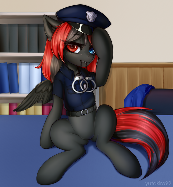 Size: 2780x3000 | Tagged: safe, alternate version, artist:yutakira92, derpibooru import, oc, oc:sharpe, unofficial characters only, pegasus, pony, bottomless, clothes, cuffs, female, freckles, hat, heterochromia, holding hat, image, looking at you, mare, mouth hold, partial nudity, pegasus oc, png, police, police hat, police officer, police pony, police uniform, sexy, sitting, solo, uniform, wings