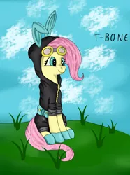 Size: 1280x1721 | Tagged: safe, artist:t-bon3thepony, derpibooru import, fluttershy, pony, clothes, cloud, costume, dangerous mission outfit, female, goggles, grass, hoodie, image, mare, outdoors, png, sitting, sky, smiling, solo, three quarter view