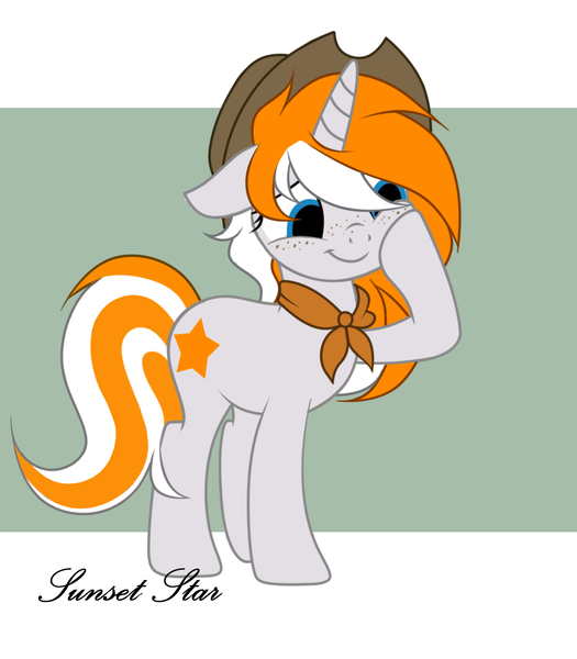 Size: 1050x1199 | Tagged: safe, artist:adele4, derpibooru import, oc, oc:sunset star, unofficial characters only, pony, unicorn, commission, cowboy hat, female, freckles, hat, horn, image, mare, neckerchief, png, solo, unicorn oc, ych result