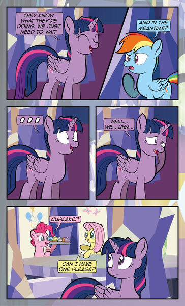 Size: 1920x3169 | Tagged: safe, artist:alexdti, derpibooru import, fluttershy, pinkie pie, rainbow dash, twilight sparkle, twilight sparkle (alicorn), alicorn, pony, comic:quest for friendship, ..., cupcake, food, image, jpeg