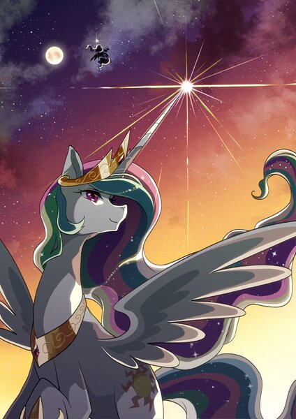 Size: 1000x1414 | Tagged: safe, artist:namagakiokami, derpibooru import, princess celestia, princess luna, alicorn, pony, cloud, crown, female, flying, full moon, glowing horn, horn, image, jewelry, jpeg, magic, mare, moon, night, regalia, royal sisters, siblings, sisters, sky, solo focus, spread wings, stars, sunrise, wings