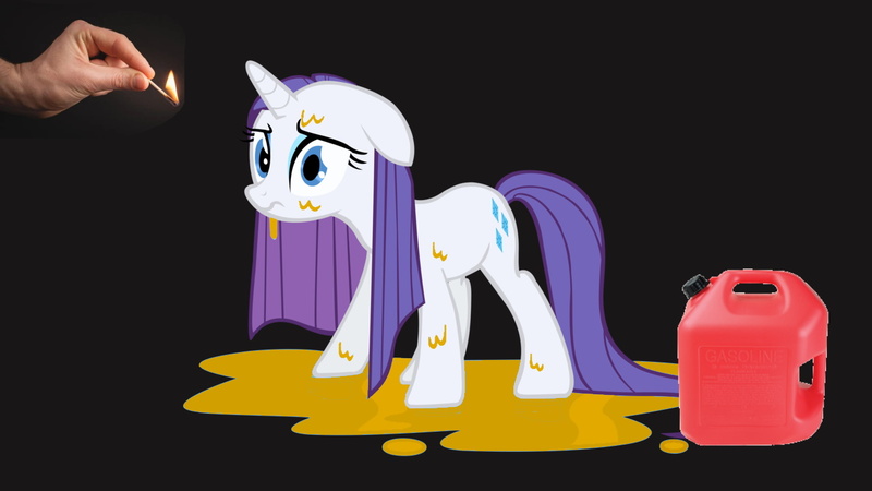 Size: 1280x720 | Tagged: safe, derpibooru import, rarity, pony, abuse, black background, fire, gas can, gasoline, hand, image, imminent death, jpeg, match, raribuse, simple background, wet, wet mane, wet mane rarity