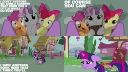 Size: 1280x720 | Tagged: safe, derpibooru import, edit, edited screencap, editor:quoterific, screencap, apple bloom, scootaloo, sweetie belle, twilight sparkle, earth pony, pegasus, pony, unicorn, hearts and hooves day (episode), adorabloom, apple bloom's bow, book, bow, c:, cute, cutealoo, cutie mark crusaders, diasweetes, female, filly, hair bow, image, magic, mare, open mouth, png, smiling, telekinesis, unicorn twilight