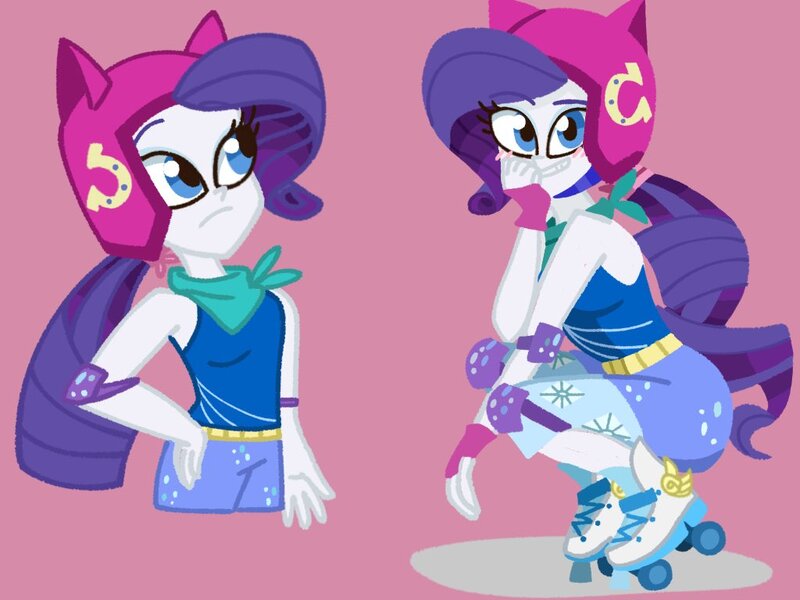 Size: 1024x768 | Tagged: safe, artist:nene, derpibooru import, rarity, equestria girls, friendship games, bandana, blushing, cute, female, helmet, image, jpeg, looking at you, purple background, raribetes, roller skates, simple background, smiling, solo, squatting