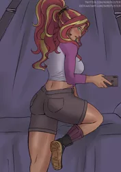 Size: 2480x3508 | Tagged: safe, artist:nire, derpibooru import, sunset shimmer, human, equestria girls, ass, bed, bedroom eyes, biceps femoris, blushing, boots, breasts, busty sunset shimmer, butt, camp everfree, camp everfree outfits, cargo shorts, clothes, female, human coloration, image, indoors, looking at you, looking back, looking back at you, mobile phone, phone, png, ponytail, rear view, selfie, shoes, shorts, smartphone, socks, solo, solo female, spiked headband, teal eyes, tomboy, tree trunks, two toned hair, two toned topwear