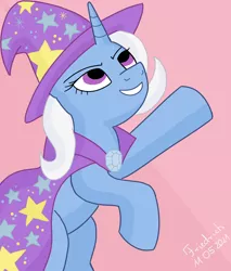 Size: 850x1000 | Tagged: safe, artist:friedrich911, derpibooru import, trixie, pony, unicorn, bipedal, cape, clothes, female, hat, image, mare, png, solo, teeth, trixie's cape, trixie's hat
