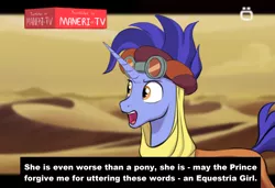 Size: 2490x1707 | Tagged: safe, hoo'far, pony, saddle arabian, unicorn, desert, dialogue, drawthread, goggles, image, implied equestria girls, memri tv, open mouth, png, subtitles