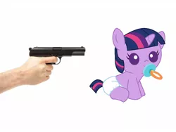 Size: 800x600 | Tagged: safe, derpibooru import, twilight sparkle, pony, abuse, baby, baby pony, diaper, foal, foal abuse, gun, hand, image, imminent death, jpeg, pacifier, simple background, twilybuse, weapon, white background