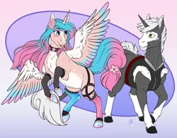 Size: 2125x1659 | Tagged: safe, artist:blackblood-queen, derpibooru import, oc, oc:silvervale, oc:touken ryuujin, ponified, alicorn, pony, unicorn, alicorn oc, colored wings, commission, digital art, female, gradient mane, horn, image, looking at each other, male, mare, multicolored wings, png, smiling, stallion, unicorn oc, vtuber, wings