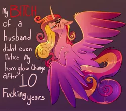 Size: 4065x3588 | Tagged: safe, artist:unfinishedheckery, derpibooru import, princess cadance, alicorn, pony, crying, dialogue, digital art, horn, image, jpeg, makeup, out of character, princess bitchdance, running makeup, spread wings, tail, talking, text, vulgar, wings
