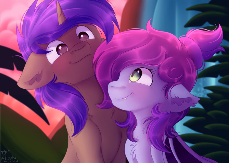 Size: 1920x1371 | Tagged: safe, artist:zobaloba, derpibooru import, oc, oc:jade jump, oc:lunar spice, unofficial characters only, bat pony, unicorn, commission, image, jadespice, looking at each other, png, smiling, smiling at each other, ych result