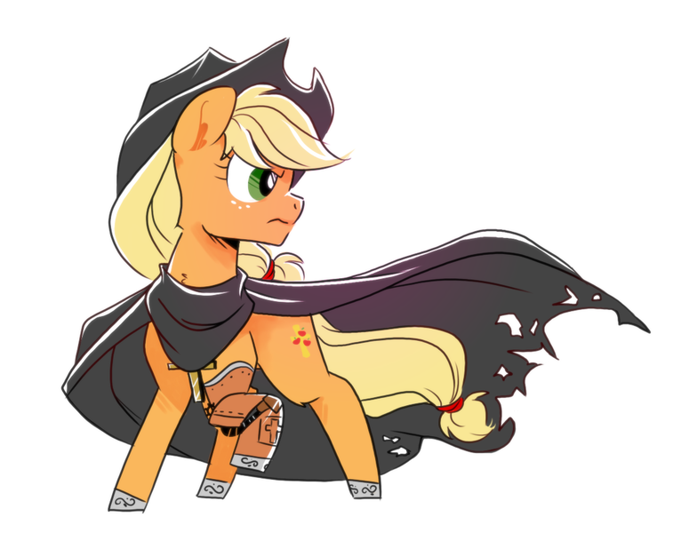 Size: 1098x860 | Tagged: source needed, safe, alternate version, artist:yokokinawa, derpibooru import, applejack, alternate cutie mark, amputee, appleborg, cape, clothes, cowboy hat, cross, freckles, hat, image, png, prosthetic limb, prosthetics, serious, simple background, vampire hunter, white background