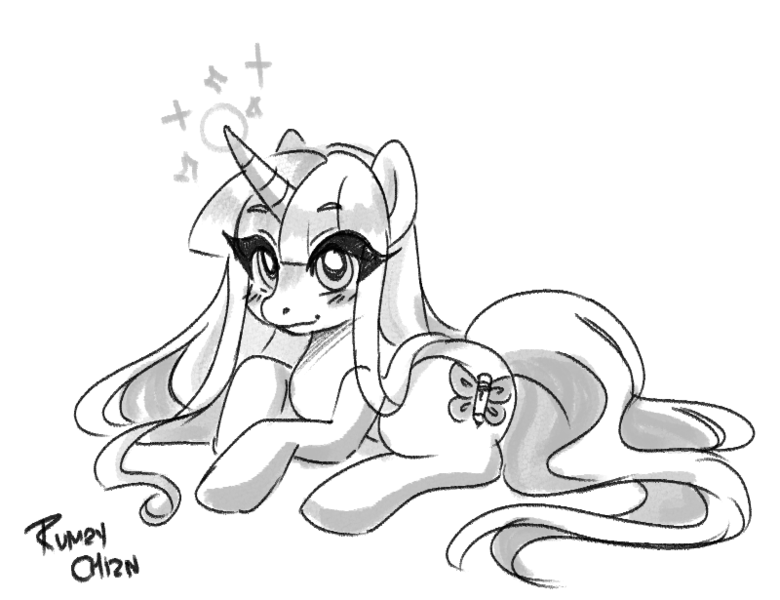 Size: 800x615 | Tagged: safe, artist:rumay-chian, derpibooru import, unicorn, image, long hair, monochrome, png, sketch