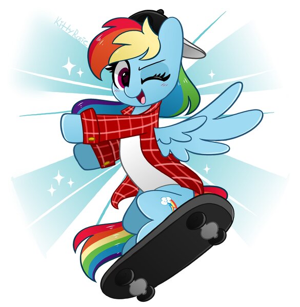 Size: 3991x4096 | Tagged: safe, artist:kittyrosie, derpibooru import, pegasus, pony, blushing, clothes, image, jpeg, one eye closed, open mouth, radical, skateboard