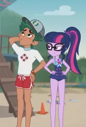 Size: 730x1080 | Tagged: safe, derpibooru import, screencap, sci-twi, timber spruce, twilight sparkle, equestria girls, equestria girls series, unsolved selfie mysteries, clothes, cropped, duo, female, glasses, image, male, png, sci-twi is not amused, swimsuit