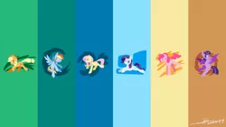 Size: 3840x2160 | Tagged: safe, artist:supermoix, derpibooru import, edit, applejack, fluttershy, pinkie pie, rainbow dash, rarity, twilight sparkle, twilight sparkle (alicorn), alicorn, earth pony, pegasus, pony, unicorn, abstract background, cowboy hat, cute, dashabetes, derpibooru exclusive, diapinkes, female, flying, folded wings, hat, image, jackabetes, jpeg, lineless, looking at you, mane six, mare, no pupils, one eye closed, open mouth, raribetes, shyabetes, signature, simple background, spread wings, sweet dreams fuel, twiabetes, wallpaper, wallpaper edit, wings, wink