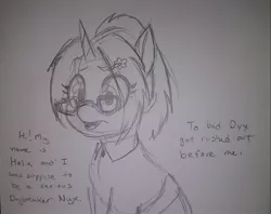 Size: 2048x1622 | Tagged: safe, artist:pony quarantine, derpibooru import, oc, oc:helia, unofficial characters only, alicorn, pony, dialogue, female, filly, glasses, grayscale, image, jpeg, monochrome, pencil drawing, solo, traditional art