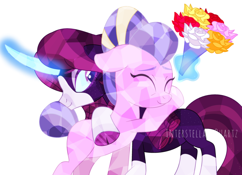 Size: 3520x2552 | Tagged: safe, artist:interstellar-quartz, derpibooru import, oc, oc:interstellar quartz, oc:luminous sparkle, unofficial characters only, crystal pony, pony, unicorn, bouquet, female, flower, hug, image, mare, png