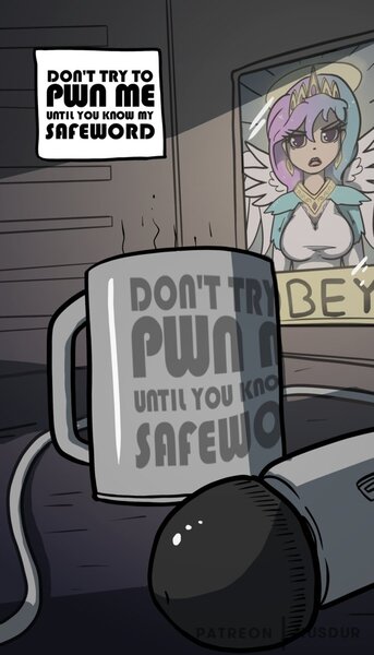 Size: 620x1085 | Tagged: suggestive, artist:husdur, derpibooru import, princess celestia, human, comic:catnip, coffee mug, hitachi wand, humanized, image, jpeg, mug, obey, sex toy, vibrator, vulgar