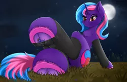 Size: 3850x2480 | Tagged: suggestive, artist:leon_zi, derpibooru import, oc, earth pony, pony, unicorn, clothes, crossed legs, female, fetish, frog (hoof), grass, hoof fetish, hooves, image, insole, male, mare, micro, moon, night, png, size difference, socks, stallion, trapped in socks, tree, underhoof