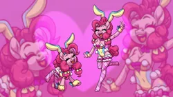 Size: 6156x3463 | Tagged: suggestive, artist:moonseeker, derpibooru import, pinkie pie, anthro, earth pony, pony, absurd resolution, anthro ponidox, bow, breasts, bunny ears, bunny suit, busty pinkie pie, cleavage, clothes, cuffs (clothes), eyes closed, female, image, leotard, pigtails, png, pom pom, ribbon, self ponidox, smiling, solo, solo female