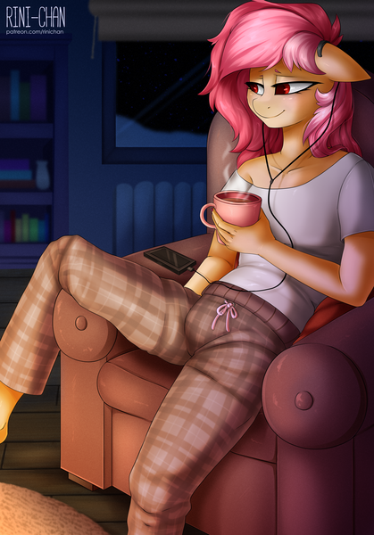 Size: 2000x2864 | Tagged: safe, artist:rinikka, derpibooru import, oc, oc:cotton seams, unofficial characters only, anthro, pegasus, bookshelf, chair, clothes, cup, detailed background, earbuds, food, image, night, pajamas, phone, png, rug, sitting, snow, snowfall, solo, tea, window