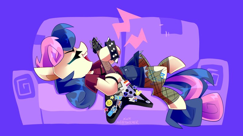 Size: 4096x2301 | Tagged: safe, artist:nekosnicker, derpibooru import, bon bon, sweetie drops, clothes, couch, electric guitar, eyes closed, guitar, image, jpeg, lesbian pride flag, lying down, musical instrument, playing instrument, pride, pride flag, ripped stockings, shirt, shorts, smiling, socks, solo, sticker, stockings, studded bracelet, thigh highs, torn clothes, t-shirt, wristband