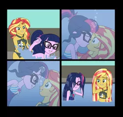 Size: 1280x1223 | Tagged: suggestive, artist:akira-devilman666, derpibooru import, sci-twi, sunset shimmer, twilight sparkle, clothes, comic, female, image, jpeg, kissing, lesbian, looking at each other, scitwishimmer, shipping, sunsetsparkle, surprise kiss, swimsuit, underwater, wet hair