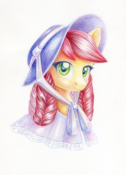 Size: 859x1200 | Tagged: safe, artist:maytee, derpibooru import, roseluck, earth pony, pony, alternate hairstyle, bust, clothes, colored pencil drawing, hat, image, jpeg, portrait, simple background, solo, traditional art, white background