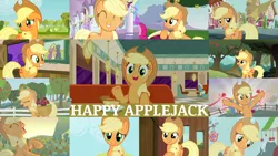 Size: 1280x721 | Tagged: safe, derpibooru import, edit, edited screencap, editor:quoterific, screencap, applejack, pinkie pie, earth pony, pony, a canterlot wedding, applejack's "day" off, bats!, call of the cutie, crusaders of the lost mark, hearthbreakers, princess twilight sparkle (episode), the last roundup, the saddle row review, the show stoppers, the ticket master, too many pinkie pies, ^^, apple, apple family member, applejack's hat, blushing, cowboy hat, cute, eyes closed, food, hat, image, jackabetes, male, mare in the moon, moon, offscreen character, open mouth, png, smiling, stallion, teeth, tree