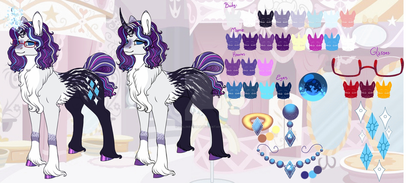 Size: 1280x577 | Tagged: safe, artist:malinraf1615, derpibooru import, rarity, pony, unicorn, alternate design, alternate hairstyle, chest fluff, curved horn, ear piercing, earring, female, glasses, horn, image, jewelry, jpeg, magic, mare, markings, necklace, piercing, redesign, reference sheet, ring, solo, unshorn fetlocks, wedding ring