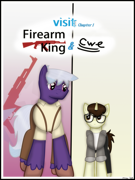 Size: 1750x2333 | Tagged: safe, artist:99999999000, derpibooru import, oc, oc:cwe, oc:firearm king, unofficial characters only, earth pony, pony, unicorn, comic:visit, ak-47, assault rifle, clothes, comic, gun, image, male, png, rifle, weapon